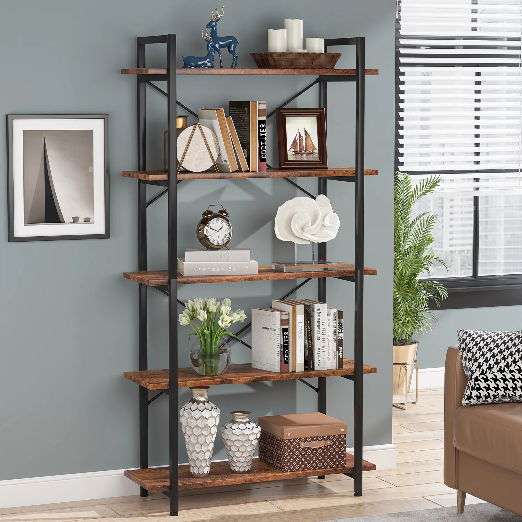 Rustic Industrial Bookshelf – 5-Shelf Open Bookcase with Metal Frame for Living Room or Office