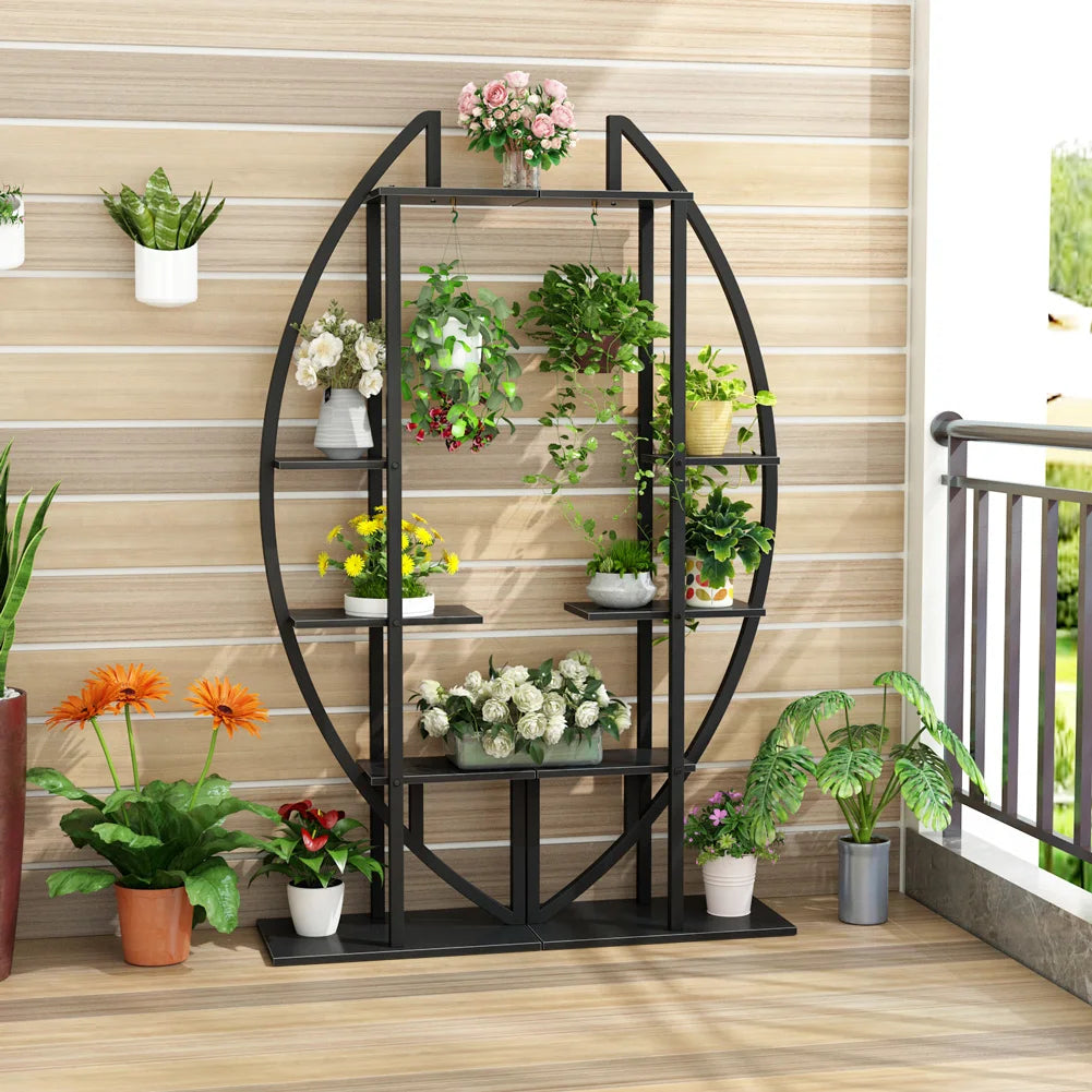 Tall Metal Indoor Plant Shelf with Hooks – Space-Saving Vertical Display for Garden or Living Room