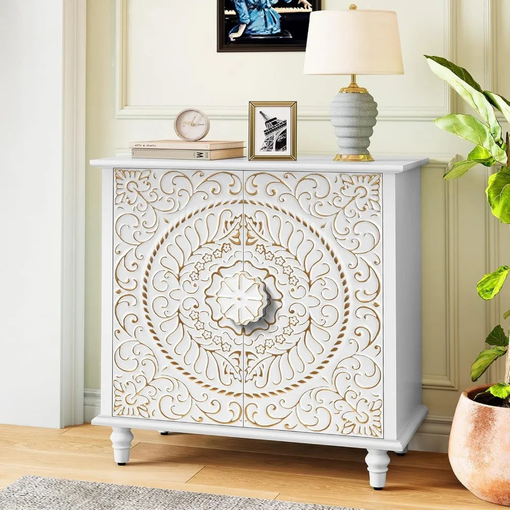 White Accent Cabinet with 2 Doors – Decorative Sideboard Buffet with Carved Floral Pattern, Storage Shelves & Solid Wood Legs