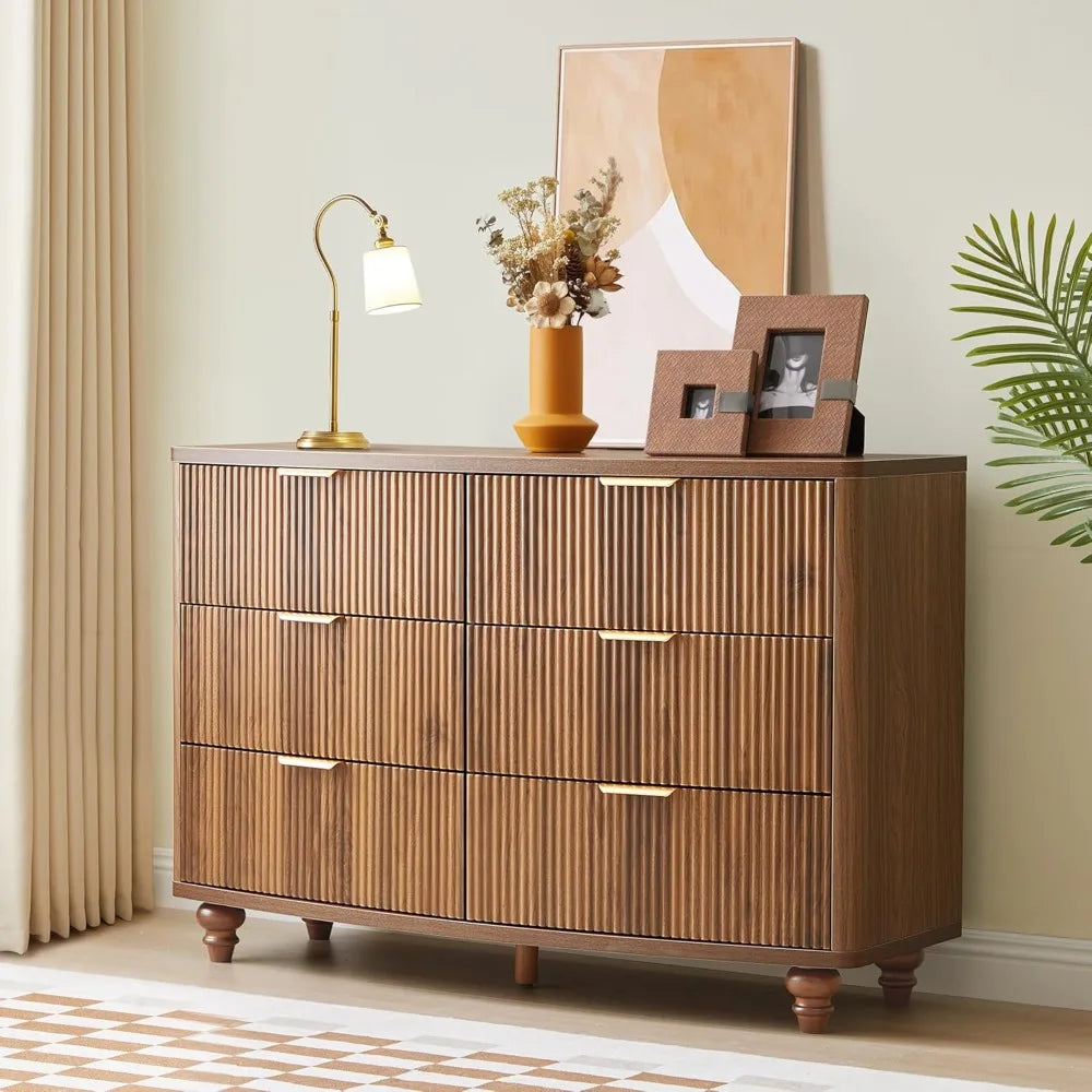 Walnut 6-Drawer Fluted Dresser – Mid-Century Modern Storage Chest for Bedroom, Closet, or TV Stand