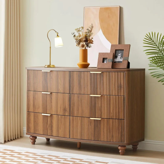 Walnut 6-Drawer Fluted Dresser – Mid-Century Modern Storage Chest for Bedroom, Closet, or TV Stand