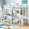 Twin Loft Bed with Desk – Solid Wood Frame, Safety Guardrails, Dual Ladders, Space-Saving Design for Teens & Adults, White