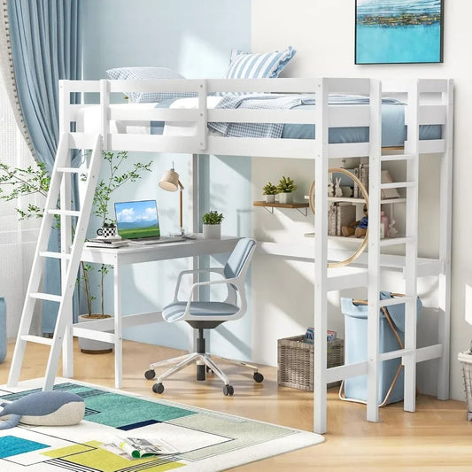 Twin Loft Bed with Desk – Solid Wood Frame, Safety Guardrails, Dual Ladders, Space-Saving Design for Teens & Adults, White