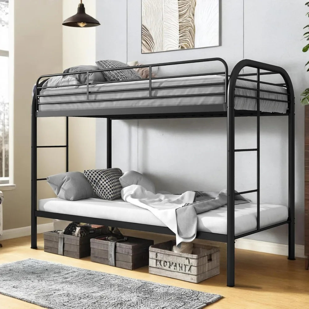 Twin Over Twin Metal Bunk Bed – Heavy Duty Frame with 2 Ladders & 11.8" Guardrail, Space-Saving Design