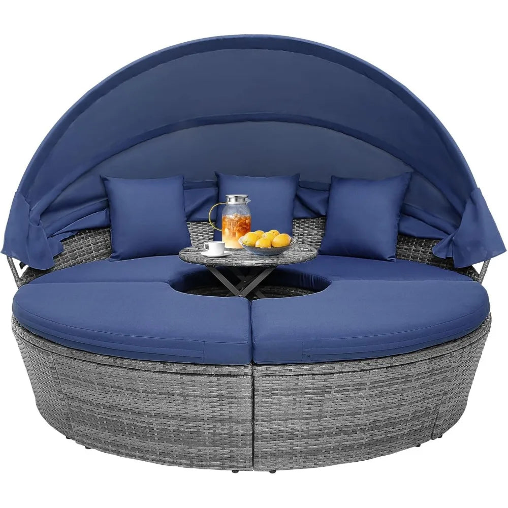 Round Outdoor Rattan Daybed with Canopy, Adjustable Table & Cushions – Modular Patio Lounge Set