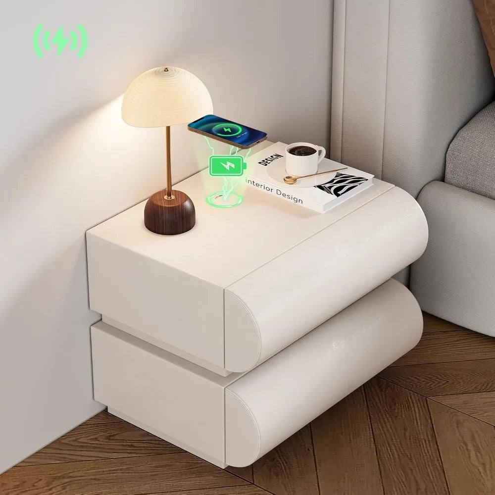 Smart Leather Nightstand with Wireless Charger & USB Ports – 2-Drawer Modern Bedside Table (White)