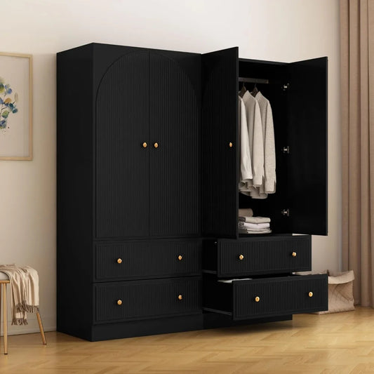 Set of 2 Black Freestanding Wardrobe Closets – 2-Door Armoire with Drawers, Modern Storage Cabinet for Clothes & Shoes
