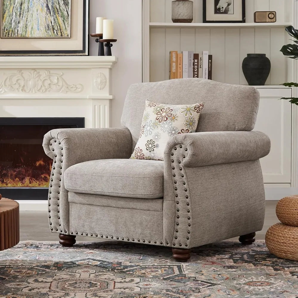 Nailhead Trim Armchair – Rolled Arm Chenille Accent Chair with Spring Cushions & Wood Legs, Beige Club Chair for Living Room