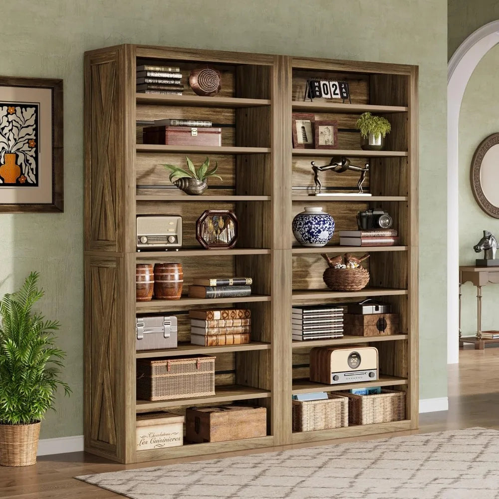 Set of 2 – 70.6" Tall 8-Tier Bookshelves, Large Adjustable Wood Bookcases with Rustic Display Shelves, Farmhouse Style Storage for Home or Office