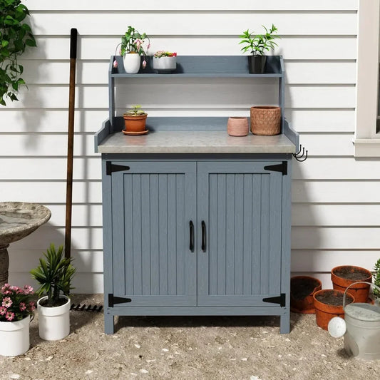 Wooden Potting Bench Table with Galvanized Metal Top – Outdoor Gardening Workstation with Storage Cabinet, Hooks & Shelves