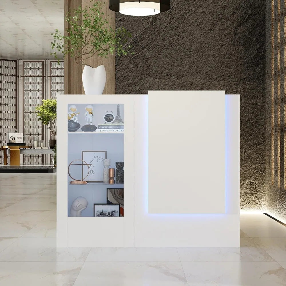 Reception Desk with LED Lights – Modern Front Counter with Glass Display, Storage Shelves & Adjustable Glass Panels for Salon, Clinic, or Retail