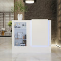 Reception Desk with LED Lights – Modern Front Counter with Glass Display, Storage Shelves & Adjustable Glass Panels for Salon, Clinic, or Retail