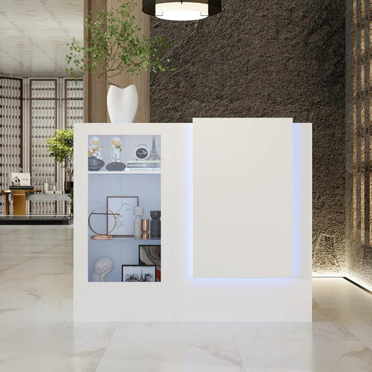 Reception Desk with LED Lights – Modern Front Counter with Glass Display, Storage Shelves & Adjustable Glass Panels for Salon, Clinic, or Retail