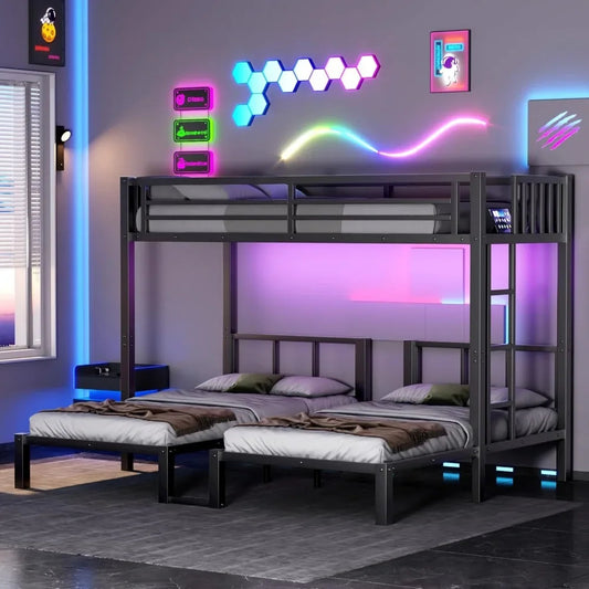 Triple Bunk Bed with LED Lights & Charging Station – Convertible 3-Tier Metal Bunk for Kids with Shelf & Storage Table
