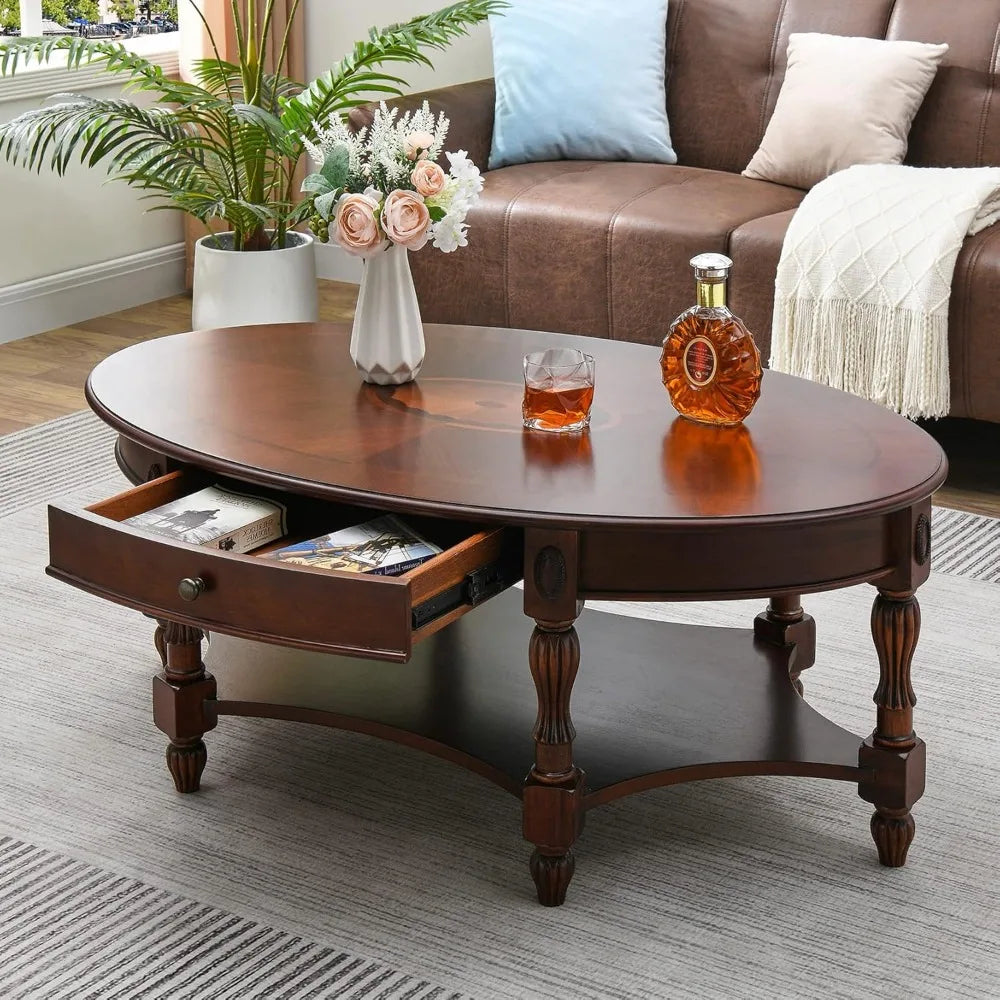 Solid Wood Oval Coffee Table with Drawer & Storage Shelf – Vintage Cherry Walnut Finish