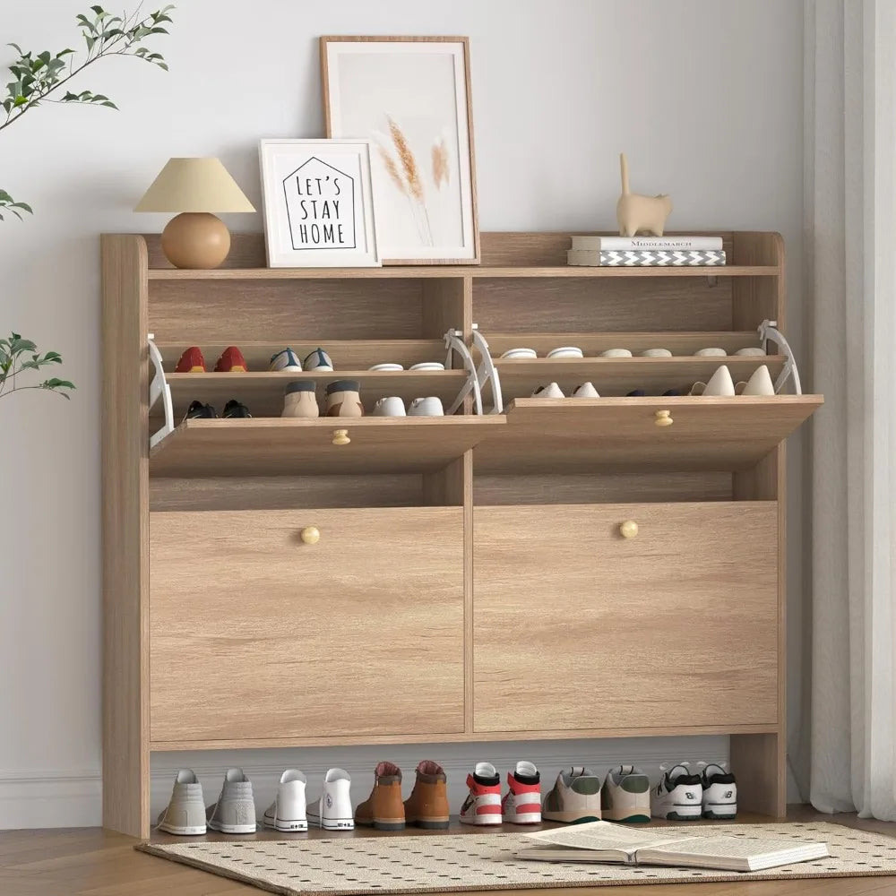 Slim Shoe Storage Cabinet with 4 Flip Drawers – Narrow Entryway Shoe Organizer with Adjustable Shelves & Open Storage