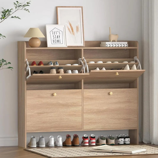 Slim Shoe Storage Cabinet with 4 Flip Drawers – Narrow Entryway Shoe Organizer with Adjustable Shelves & Open Storage