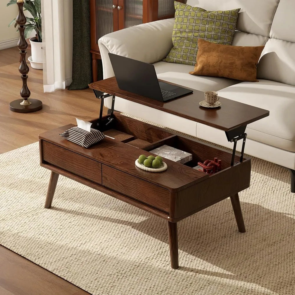 Solid Oak Lift-Top Coffee Table – Walnut Finish with Hidden Storage & Drawers for Living Room Functionality
