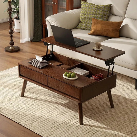 Solid Oak Lift-Top Coffee Table – Walnut Finish with Hidden Storage & Drawers for Living Room Functionality