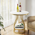 Round White and Gold Side Table – Elegant 2-Tier End Table with Storage Shelf