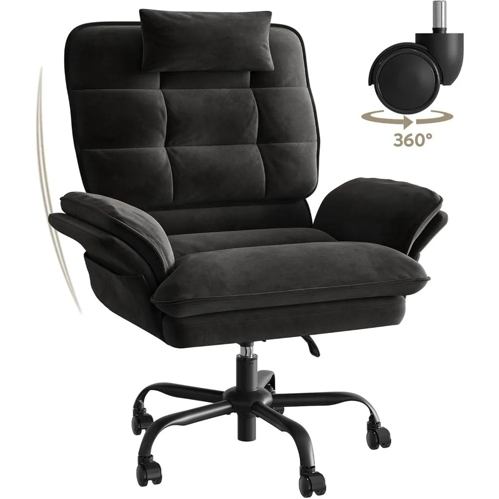 Velvet Executive Office Chair with Flip-Up Arms, 135° Reclining Ergonomic Desk Chair, Wide High Back with Headrest & Storage Pockets – Black