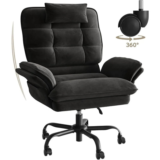 Velvet Executive Office Chair with Flip-Up Arms, 135° Reclining Ergonomic Desk Chair, Wide High Back with Headrest & Storage Pockets – Black