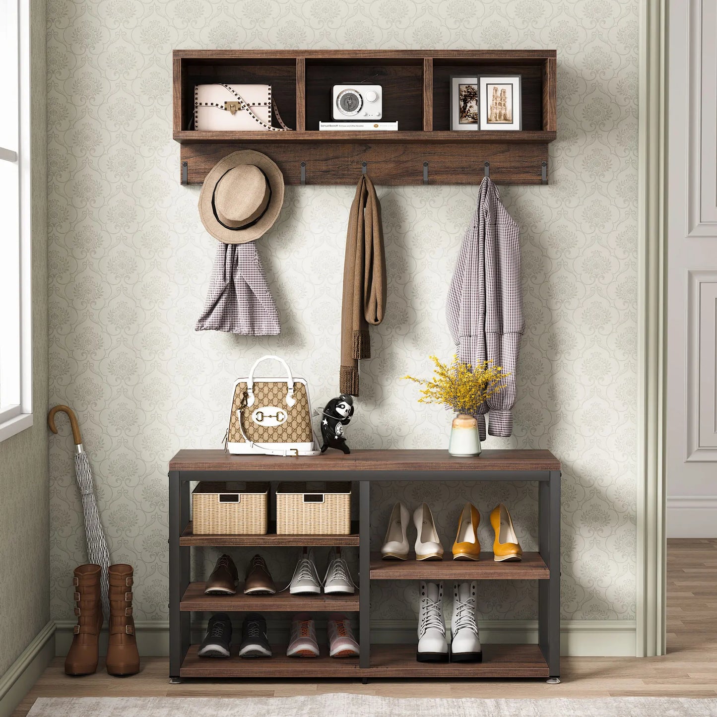 Upgrade your entryway with this stylish coat rack and shoe bench combo featuring 3 cubbies, 7 hooks, and rustic wood for efficient and elegant storage.