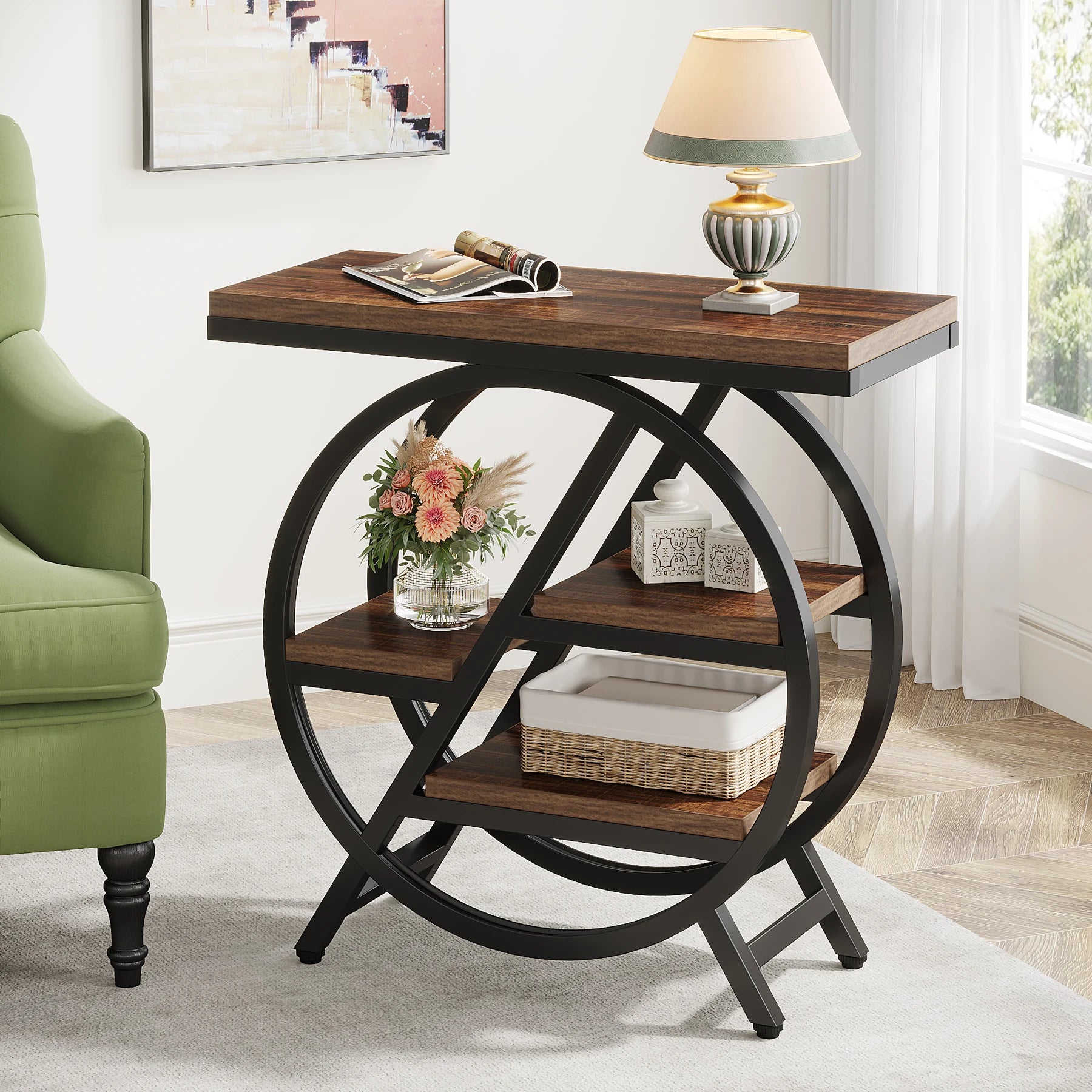 Rustic Narrow Side Table with Storage – Industrial Wood and Metal End Table with Geometric Frame for Living Room or Bedroom
