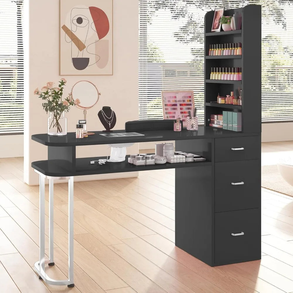 Professional Manicure Table with Dust Collector – Large Nail Station with Drawers & Side Cabinet