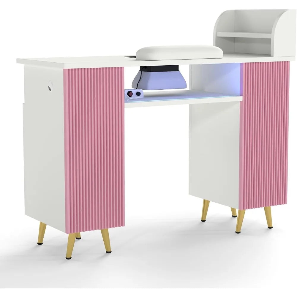 Professional Nail Technician Table with Dust Collector, USB Charging & Storage – White Manicure Station