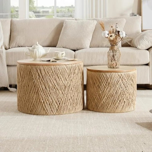 Set of 2 Rustic Round Nesting Coffee Tables – Handwoven Wooden Side Tables for Living Room & Small Spaces