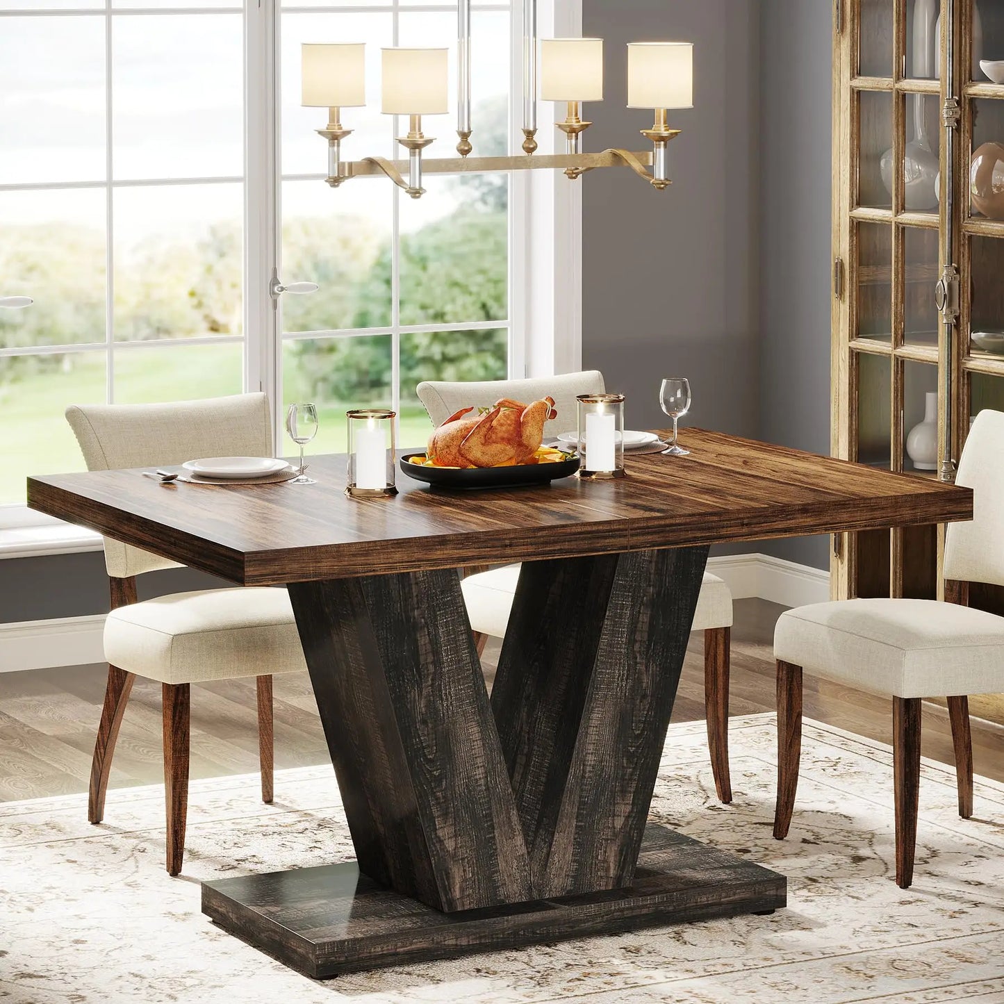 Rustic 47" Wooden Dining Table for 4 – Heavy-Duty Pedestal Base for Kitchen or Dining Room