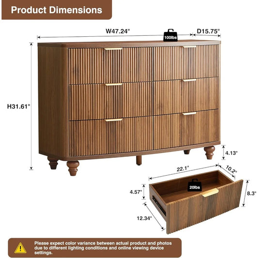 Walnut 6-Drawer Fluted Dresser – Mid-Century Modern Storage Chest for Bedroom, Closet, or TV Stand