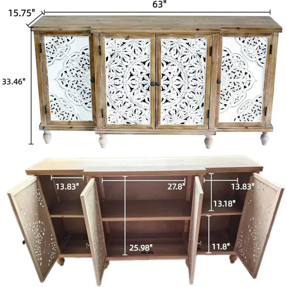 Set of 2 Retro Wood Sideboard Buffet Cabinets – Carved 4-Door Storage Cabinet for Entryway, Dining Room, or Living Room