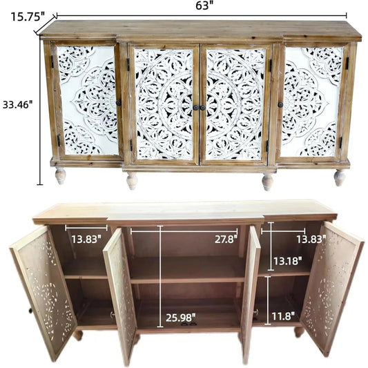 Set of 2 Retro Wood Sideboard Buffet Cabinets – Carved 4-Door Storage Cabinet for Entryway, Dining Room, or Living Room