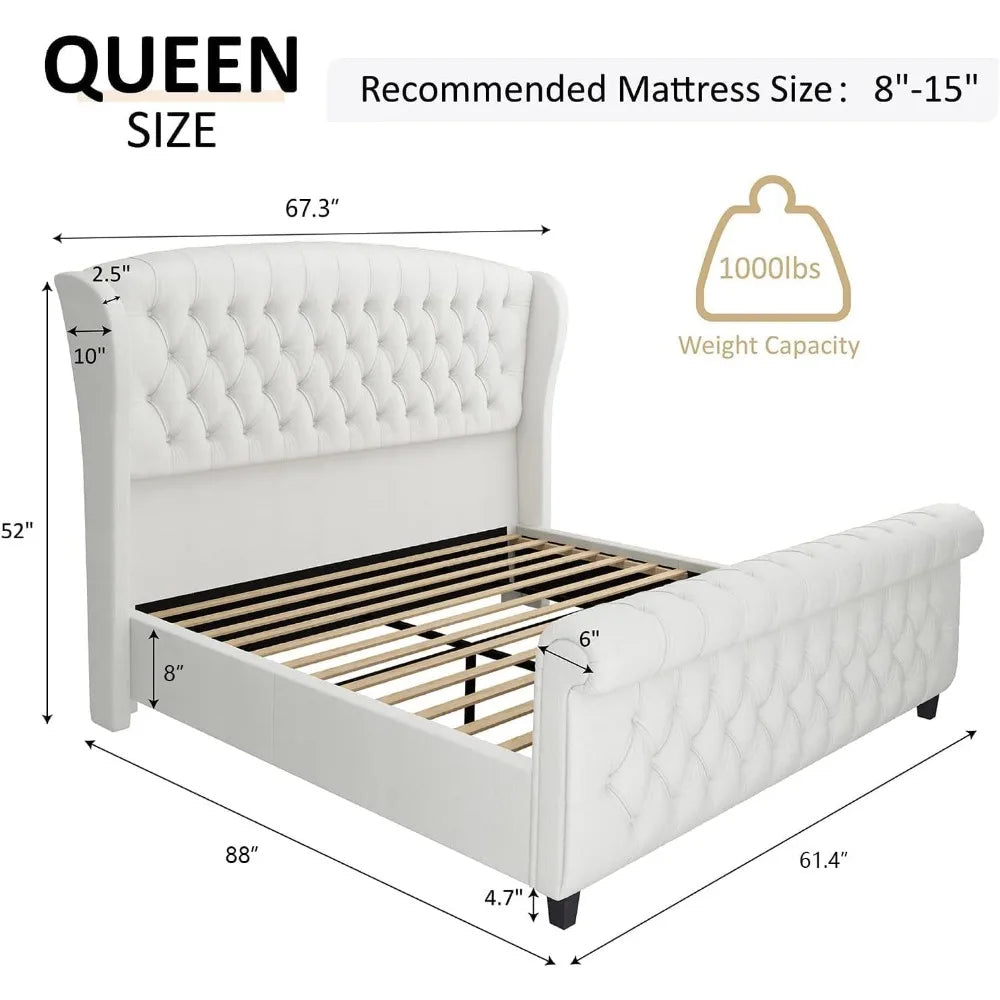 Queen Sleigh Bed Frame – Chenille Upholstered Platform Bed with Scroll Wingback Headboard & Footboard, Button Tufted, Cream