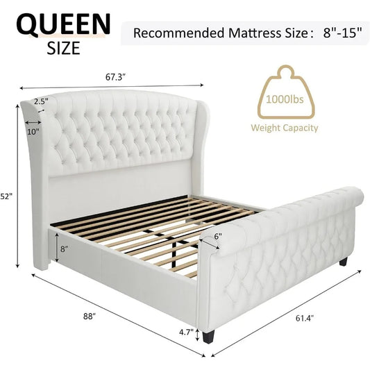 Queen Sleigh Bed Frame – Chenille Upholstered Platform Bed with Scroll Wingback Headboard & Footboard, Button Tufted, Cream