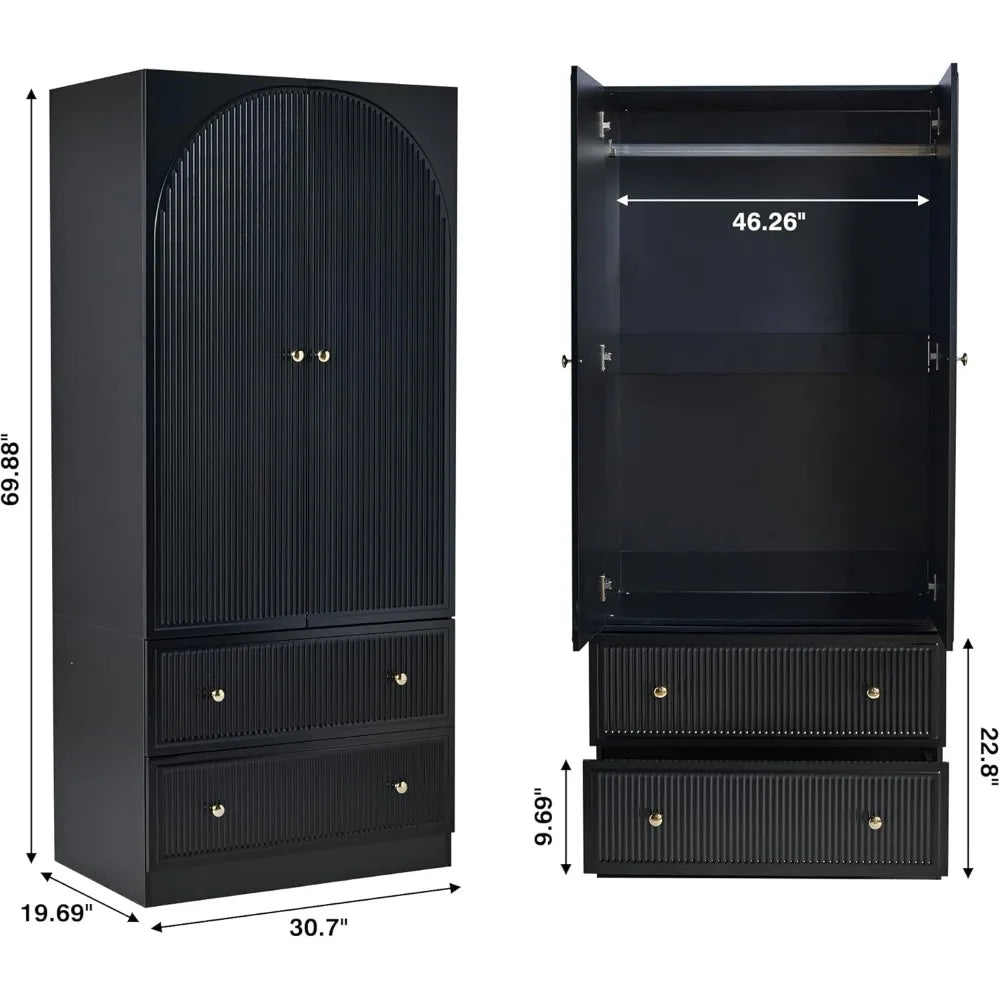 Set of 2 Black Freestanding Wardrobe Closets – 2-Door Armoire with Drawers, Modern Storage Cabinet for Clothes & Shoes