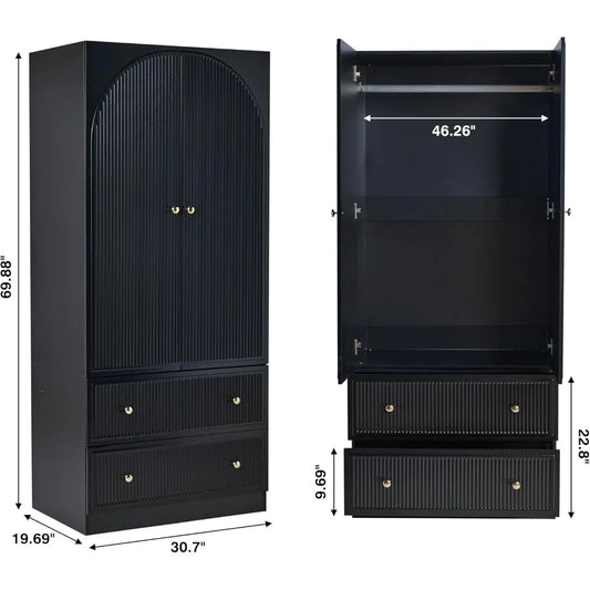 Set of 2 Black Freestanding Wardrobe Closets – 2-Door Armoire with Drawers, Modern Storage Cabinet for Clothes & Shoes