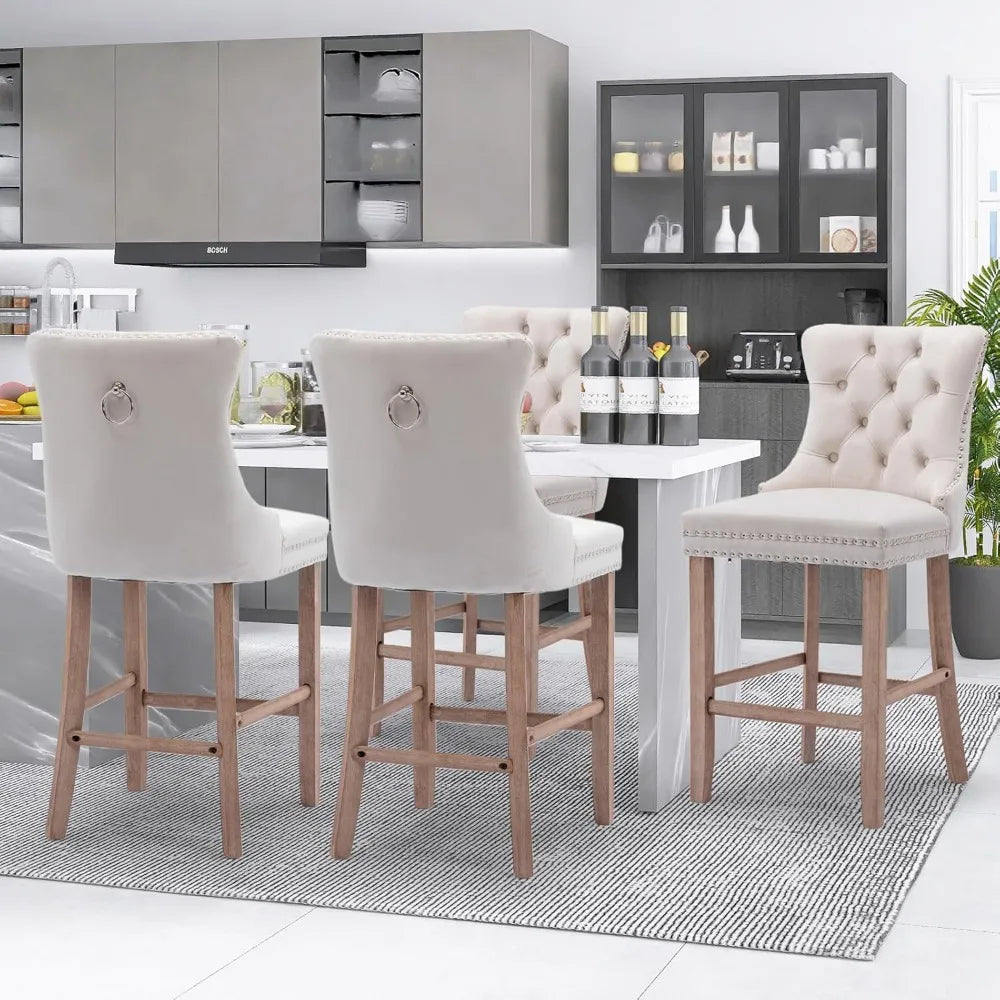 Set of 4 Modern Velvet Bar Stools – Beige Tufted Counter Height Chairs with Wood Legs & Nailhead Trim