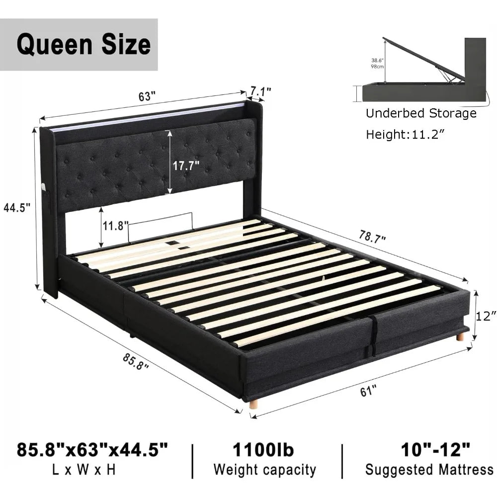 Queen Lift-Up Storage Bed Frame with USB Ports & LED Lights – Black Upholstered Platform Bed with Wingback Headboard & Hydraulic Storage
