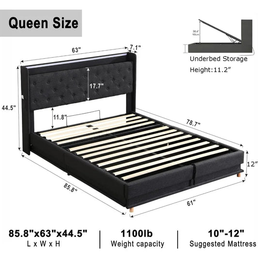 Queen Lift-Up Storage Bed Frame with USB Ports & LED Lights – Black Upholstered Platform Bed with Wingback Headboard & Hydraulic Storage
