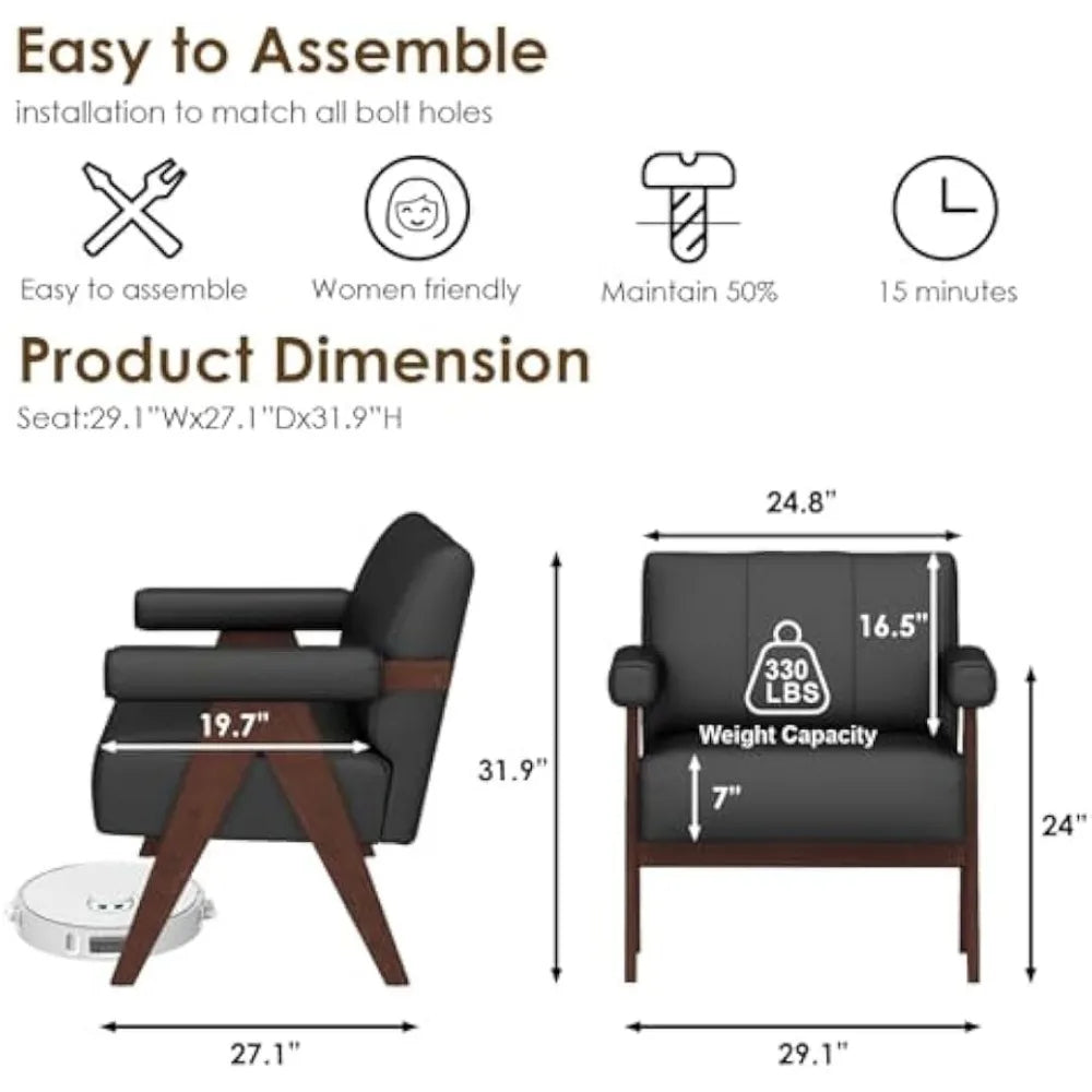 Set of 2 Black Faux Leather Accent Chairs – Mid-Century Modern Armchairs for Living Room, Office & Waiting Room