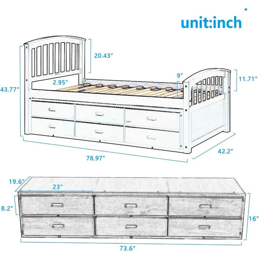 Twin Platform Bed with 6 Storage Drawers – Solid Wood Frame, No Box Spring Needed, Walnut Finish