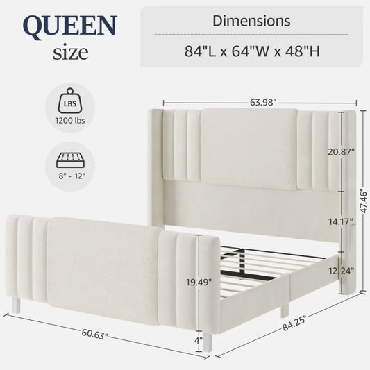 Queen Size Upholstered Bed Frame with LED Lights – Boucle & Velvet, Tall Wingback Headboard, No Box Spring Needed, Modern Platform