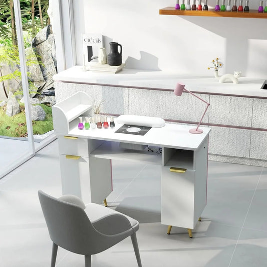 Professional Nail Technician Table with Dust Collector, USB Charging & Storage – White Manicure Station