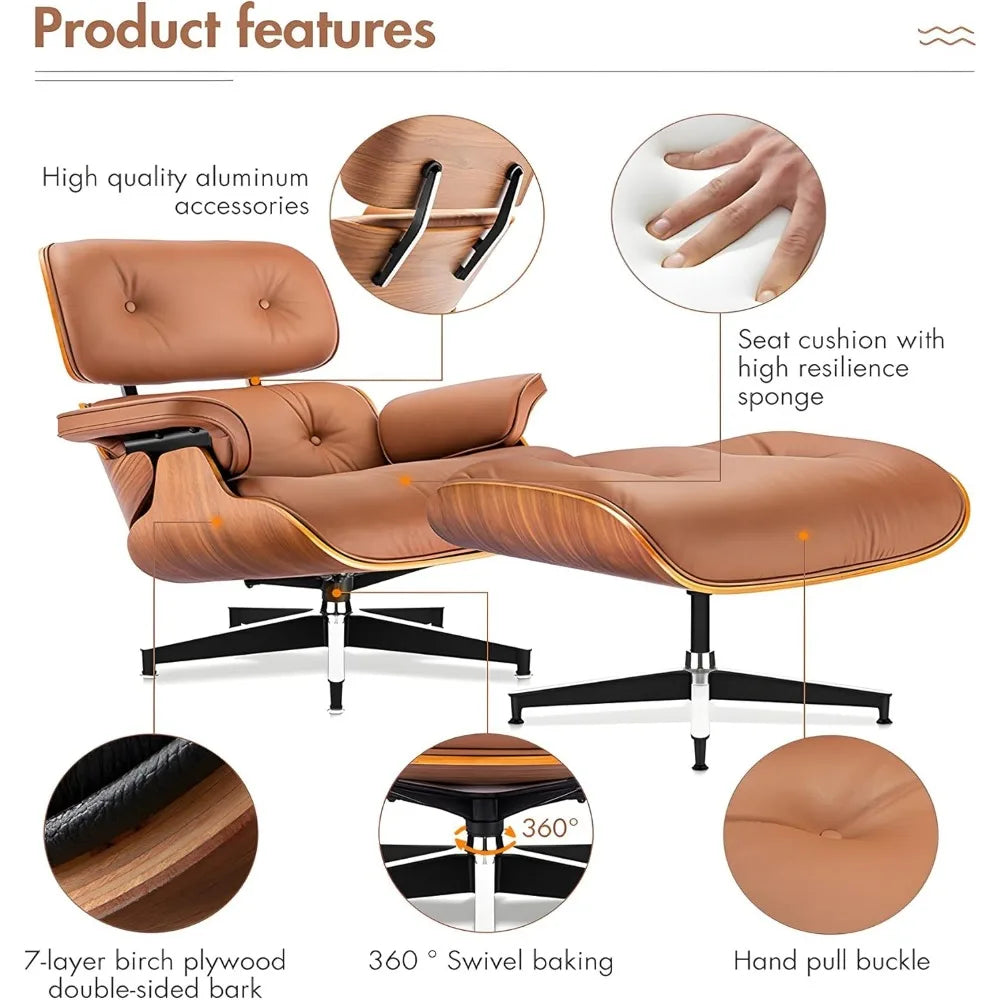 Top Grain Leather Lounge Chair & Ottoman – Mid-Century Modern Swivel Recliner with Walnut Base, Ergonomic Reading Accent Chair