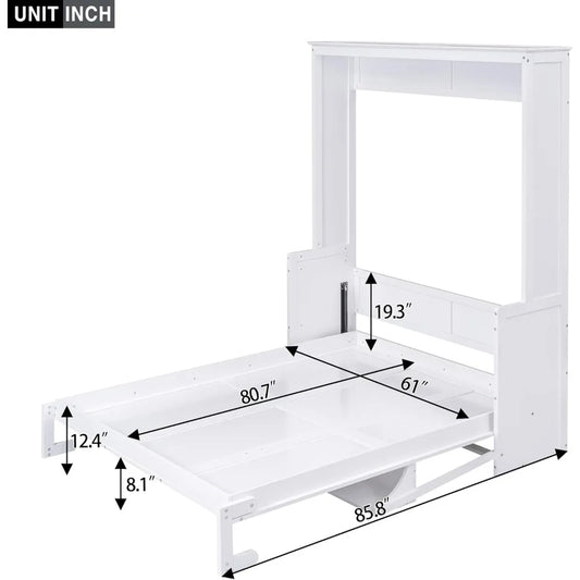 Queen Size Murphy Bed with Storage Shelf – Foldable Wall Bed Frame with Desk & Bookshelf for Guest Room or Home Office