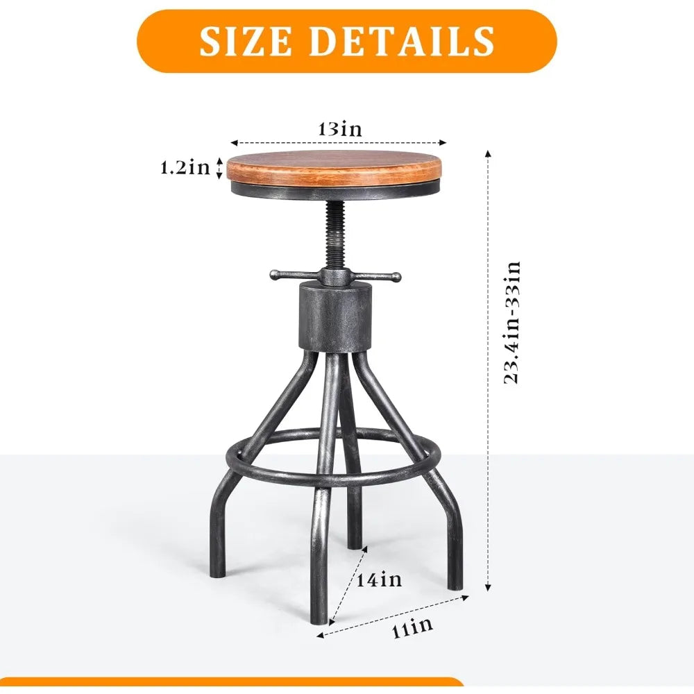 Vintage Industrial Bar Table & 2 Adjustable Swivel Stools – Wood Top & Metal Frame, Height Adjustable for Kitchen, Bar, or Cafe