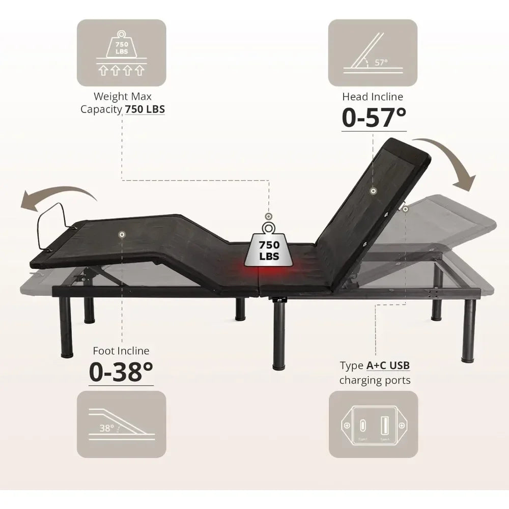 Twin XL Adjustable Bed Frame with 14" Copper Gel Memory Foam Mattress & Wireless Remote (USB, LED, Zero Clearance)